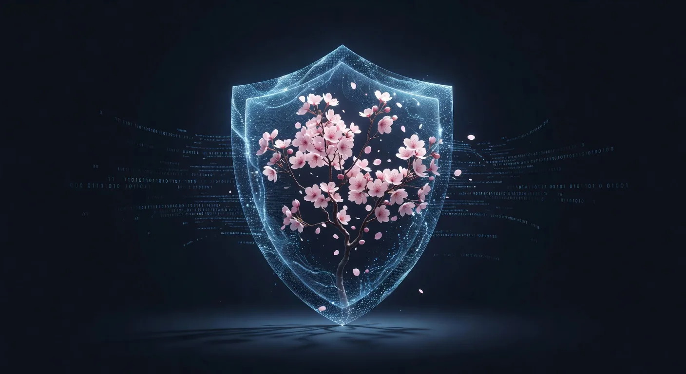 デジタルシールドと桜——日本のサイバーセキュリティを象徴するビジュアル