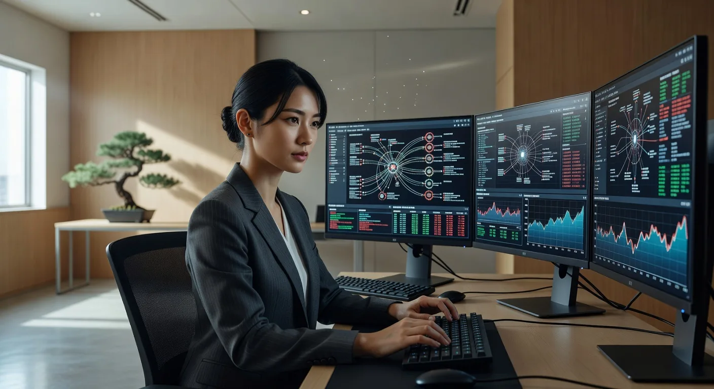 日本人女性エンジニアがAIセキュリティシステムを開発している場面